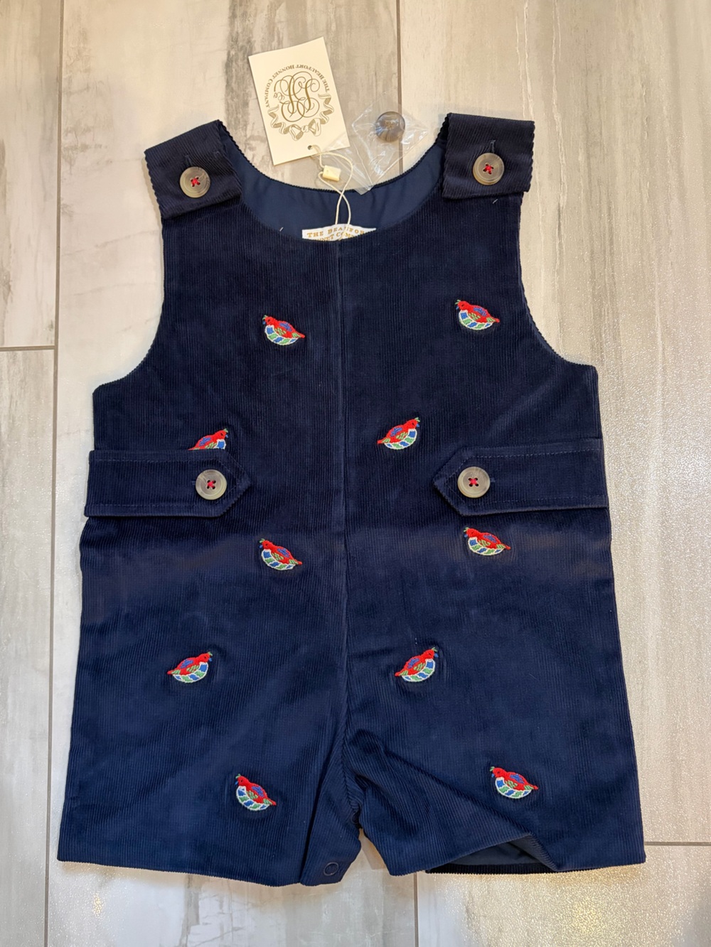 NWT TBBC Classic Navy Corduroy Quail Embroidered Jon Jon Romper Baby Boys 12-18M